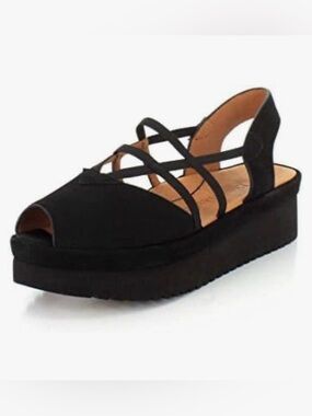 L'Amour Des Pieds Adelais Black Suede Wedge Sandals Sz 11 Comfort Peep Toe EUC